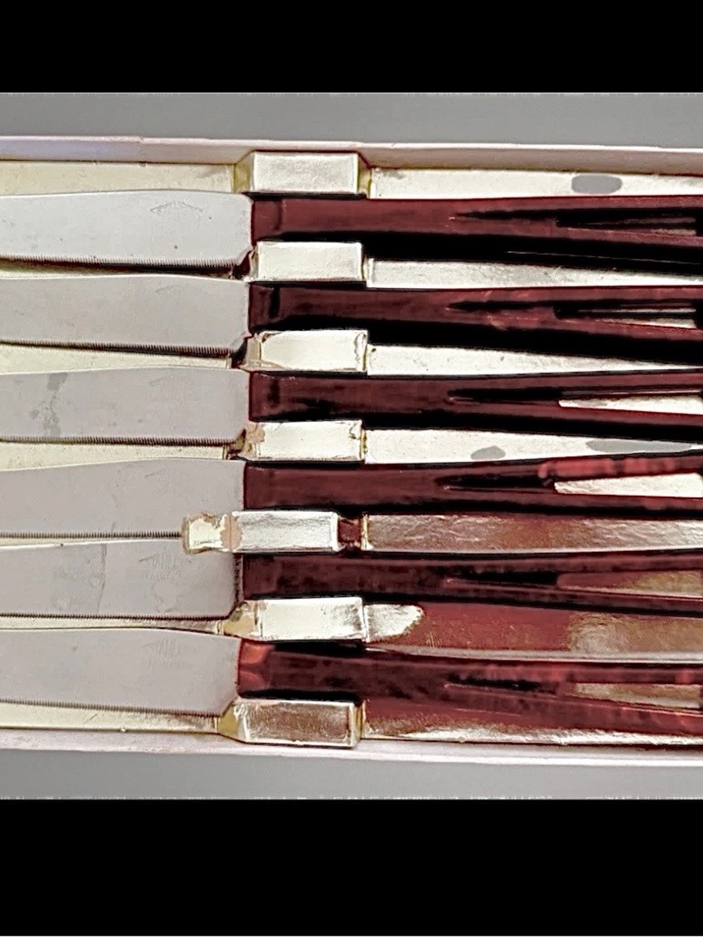 Vintage MCM Stanley Deluxe Steak Knife Set with Atomic Design Lucite Handles NIB
